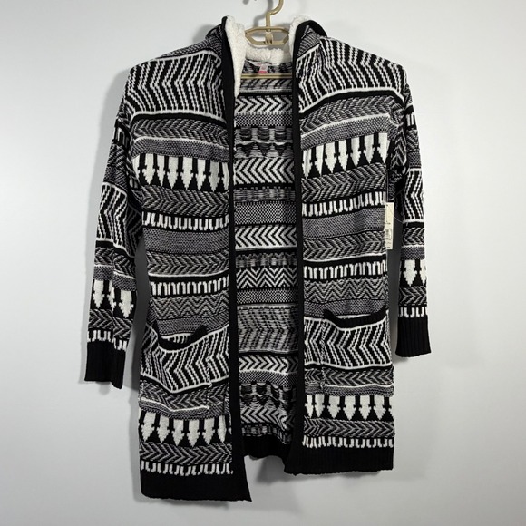 NO BOUNDARIES Womens Black White Sherpa Lined Hooded Cardigan Sweater Lg - Picture 5 of 7